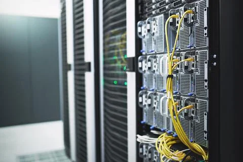 Storage, servers and circuit in empty data center for cybersecurity, IT har.. Stock Photos