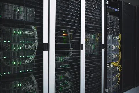 Storage, servers and mainframe in empty data center for cybersecurity, IT h.. Stock Photos