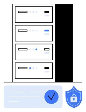Storage servers stacked in a cabinet with verification checkmark and security Stock Illustration