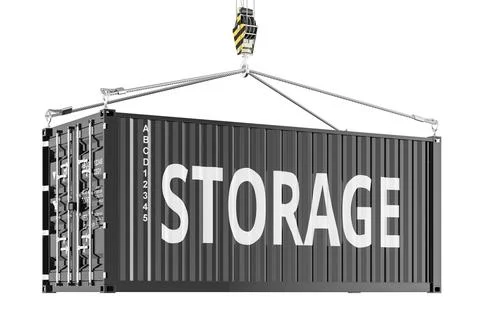 Storage, shipping container lifted by crane hook. 3D rendering Stock Illustration
