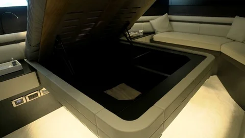 Storage space under the bed in a luxury yacht. Stock Footage 85323143