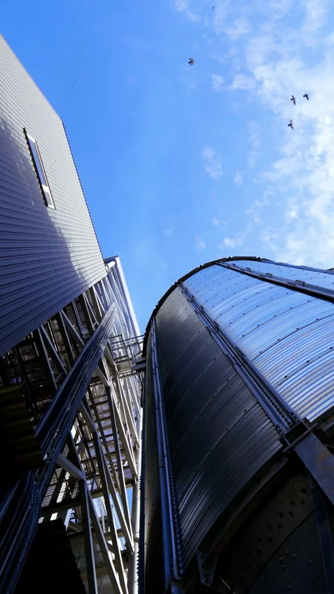Storage tanks. Grain elevator on blue sky background. Stock Footage 272999444