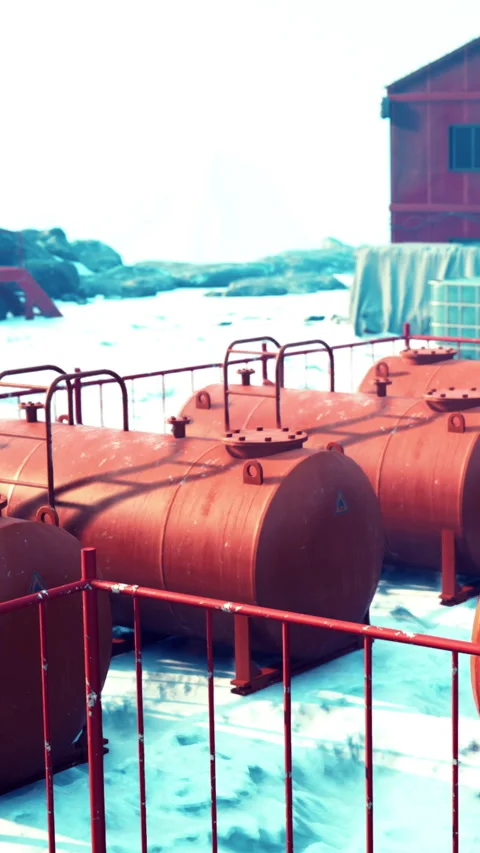 Storage tanks sit on a frozen surface at an industrial site in winter Stock Footage 337962781