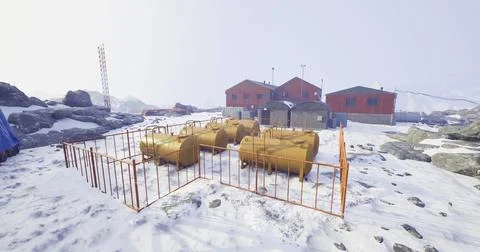 Storage tanks within industrial facility in snowy mountainous landscape Stock Illustration