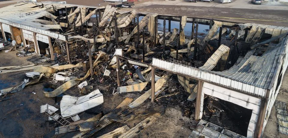Storage unit that has been destroyed by fire Stock Photos