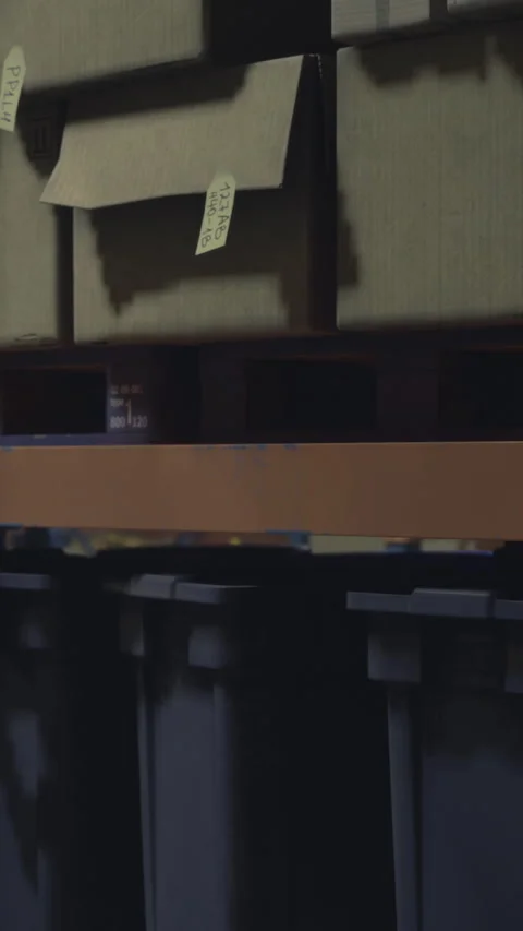 Storage units in a warehouse filled with boxes and containers Stock Footage 334244265