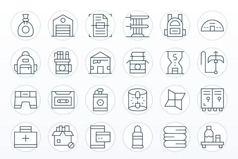 Storage Vector Icon Library with 24 Thin Line 128x128 Pixel Aligned Designs Illustrazione stock