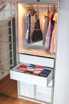 Storage in wardrobe. Stock Photos