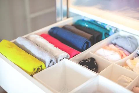 Storage in wardrobe. Stock Photos