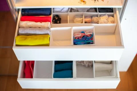 Storage in wardrobe. Stock Photos