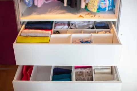 Storage in wardrobe. Stock Photos