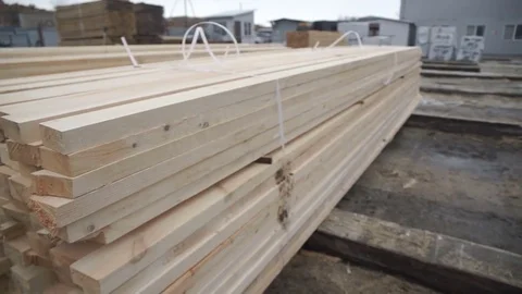 Storage of wood. Forest yard. A stack of wooden boards Stock Footage 78721145