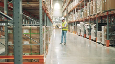 Storage worker with a laptop is observing shelves with parcels Stock Footage 160849845