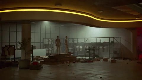 Store aftermath following a robbery in a quiet shopping center late at night Video stock 304508866