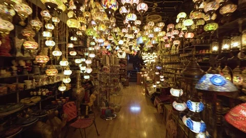 Store of authentic arabic colored lamps with all these handmade lights, Bahrain Stock Footage 244878532