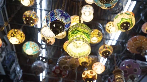 Store of authentic arabic colored lamps with all these handmade lights, Bahrain Stock Footage 245266078
