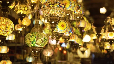 Store of authentic arabic colored lamps with all these handmade lights, Bahrain Stock Footage 245268025
