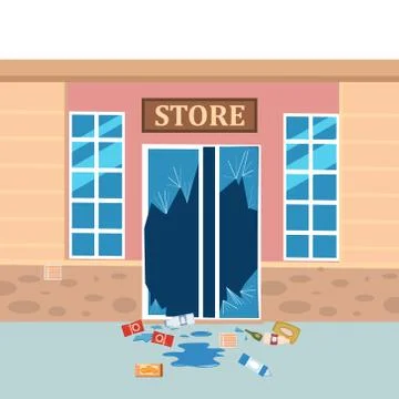 Store broken. Robbery concept. Broken doors facades of store. Crime scene Ilustración de archivo