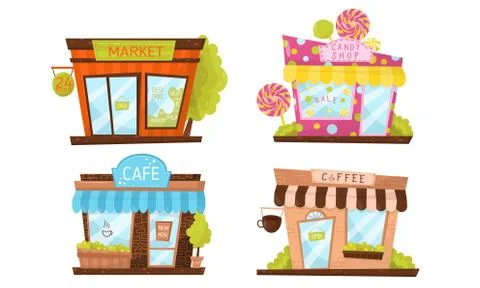 Store Building Facade Vector Illustrated Set. Elements Isolated On White Illustrazione stock