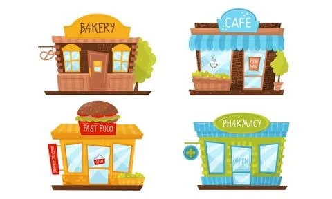 Store Building Facade Vector Illustrated Set. Elements Isolated On White Illustrazione stock