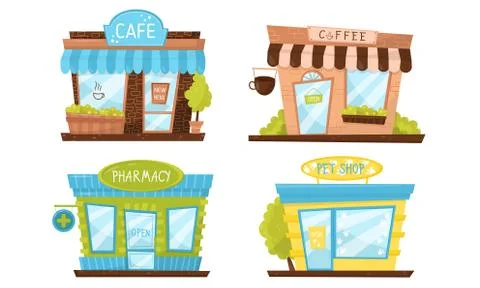 Store Building Facade Vector Illustrated Set. Elements Isolated On White 스톡 일러스트