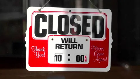 Store Closed Will Return Sign in Window, Red Clock Open Time Hanging Stock Footage 146818289