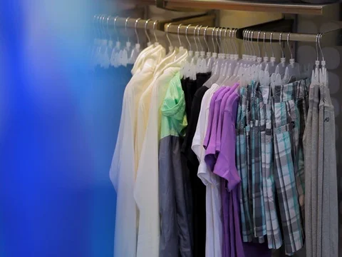 Store, clothes hanging on hangers 스톡 동영상 74236395