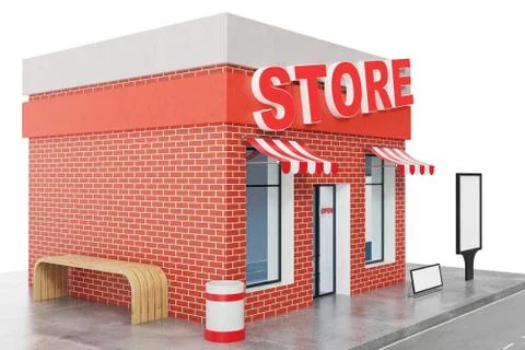 Store with copy space board isolated on white background. Modern shop buildings イラスト素材