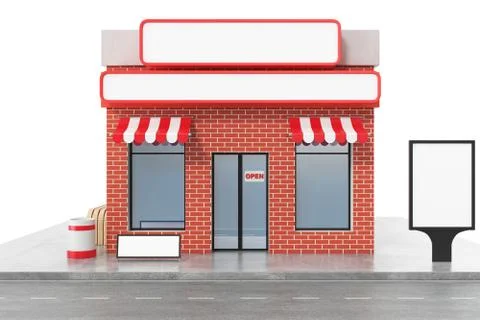 Store with copy space board isolated on white background. Modern shop buildings Ilustración de archivo