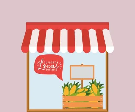 Store with corns inside box and support local business inside bubble vector Illustrazione stock