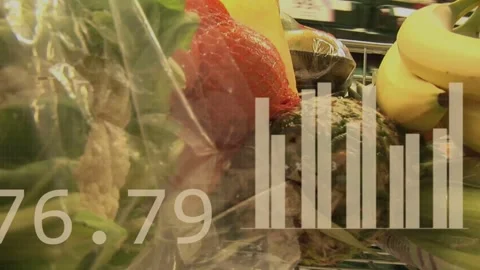 Store data feed starting, grocery overlays appearing over produce, animating Stock Footage 332867369