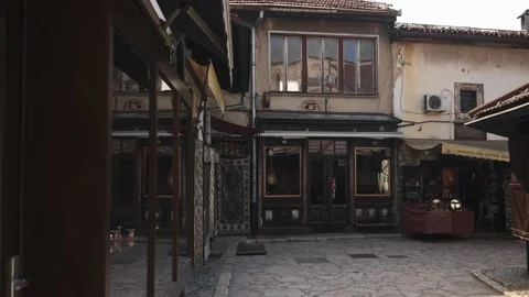 Store Facade and Empty Corner at Old town district, Sarajevo, Bosnia, Pan Stock Footage 221577979