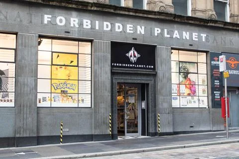 Store facade, window display and entrance to Forbidden Planet comic book shop Stock Photos