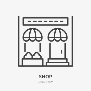Store flat line icon. Vector thin sign of shop, commercial building rent logo Ilustración de archivo