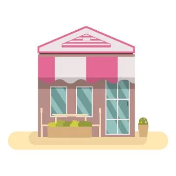 Store front building flat design vector.Building store with table and chair Ilustración de archivo