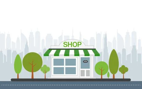 Store front window buildings icons with city background Stock Illustration