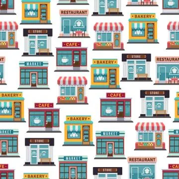Store fronts seamless pattern - cafe, restaurant, market Stock Illustration