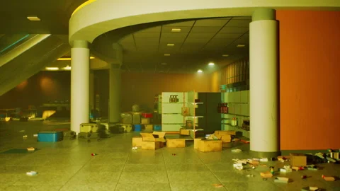 Store interior in chaos after thieves ransack the location late at night Stock Footage 303805513