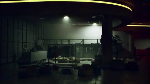 Store interior devastated by marauders during late night burglary event Stock Footage 329587944