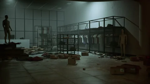 Store interior devastated by robbery with clothes scattered and boxes abandoned Stock Footage 306721910