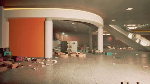 Store interior left in chaos after robbery and vandalism spree at night Stock Footage 286409433