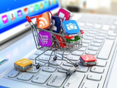 Store of laptop software. apps icons in shopping cart. Stock Illustration