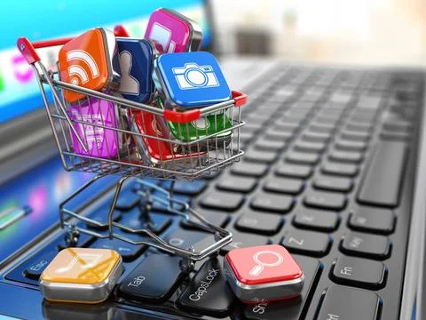 Store of laptop software. Apps icons in shopping cart. Store of laptop sof... Stock Photos