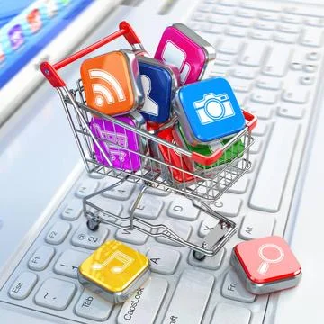 Store of laptop software. Apps icons in shopping cart. Store of laptop sof... Stock Photos