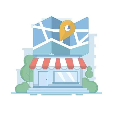 Store Location Concept. Mobile navigation, gps navigator, route to store. Stock Illustration