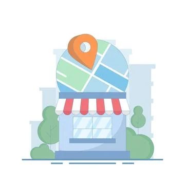 Store Location Concept. Mobile navigation, gps navigator, route to store. Stock Illustration