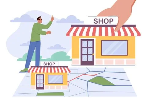 Store location on map. Man near huge shop buildings. Business franchise Stock Illustration