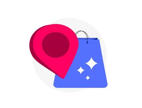 Store location - red map pin icon with sparkling blue shopping bag, enabling Stock Illustration