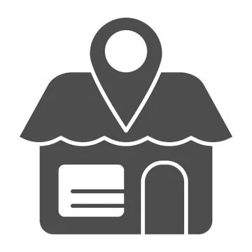 Store location solid icon. Market wit map pin vector illustration isolated on Illustrazione stock