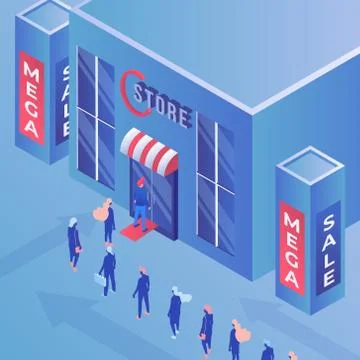 Store mega sale isometric vector illustration. Consumerism, shopping イラスト素材